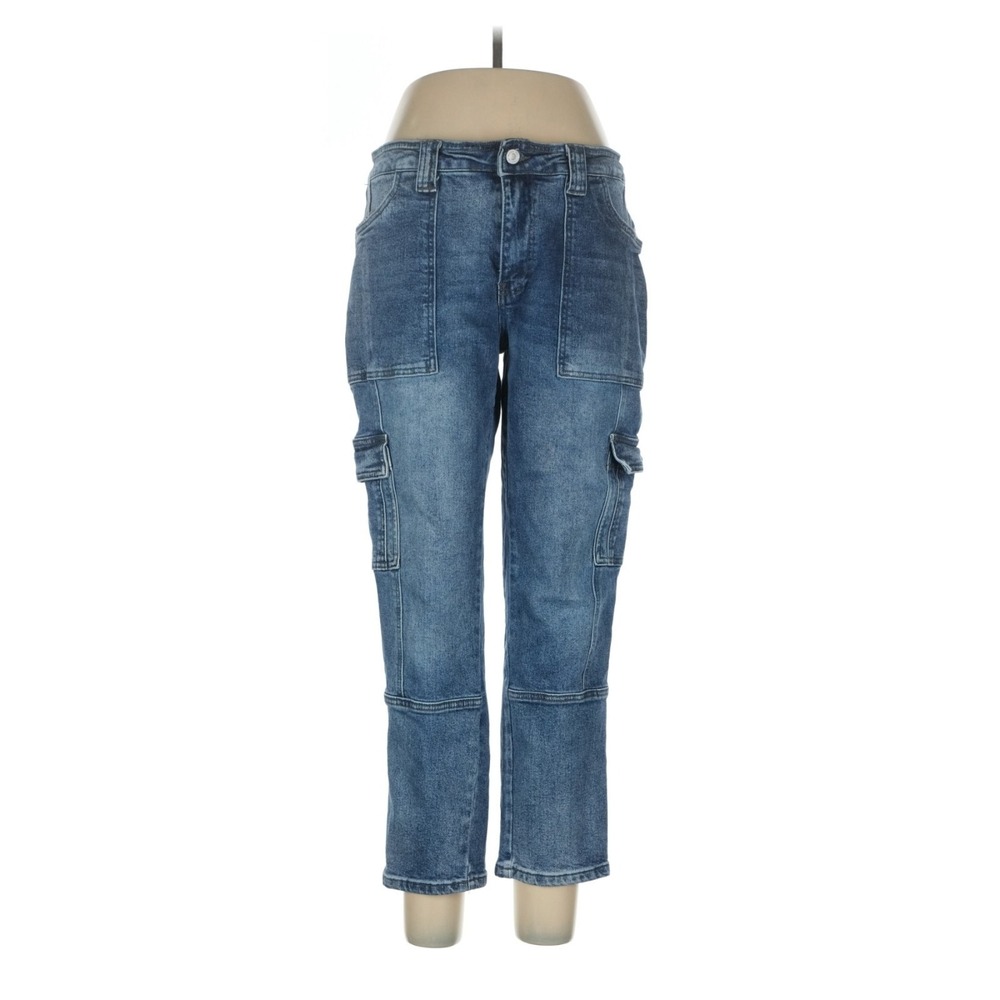 KanCan Women's Blue Medium Wash Denim Straight Jeans Cargo Pockets Button